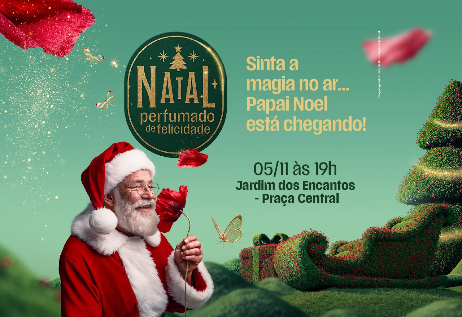 Comunicação informando a chegada do Papai Noel, com um Papai Noel segurando uma rosa e cheirando, a logo da campanha de Natal e o texto convidativo, abaixo as informações sobre o evento.